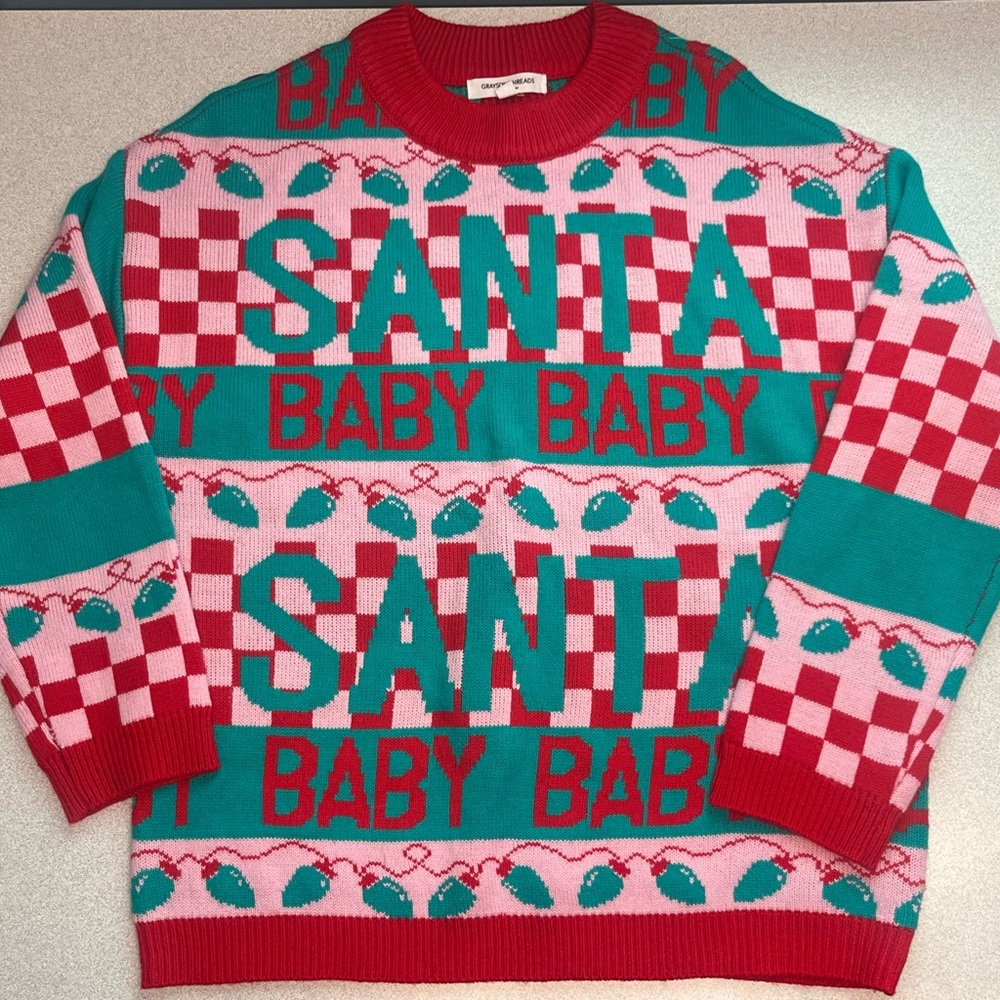 Grayson/Threads Santa Baby Crewneck Sweater Womenโs XS Green Red Pink Christmas